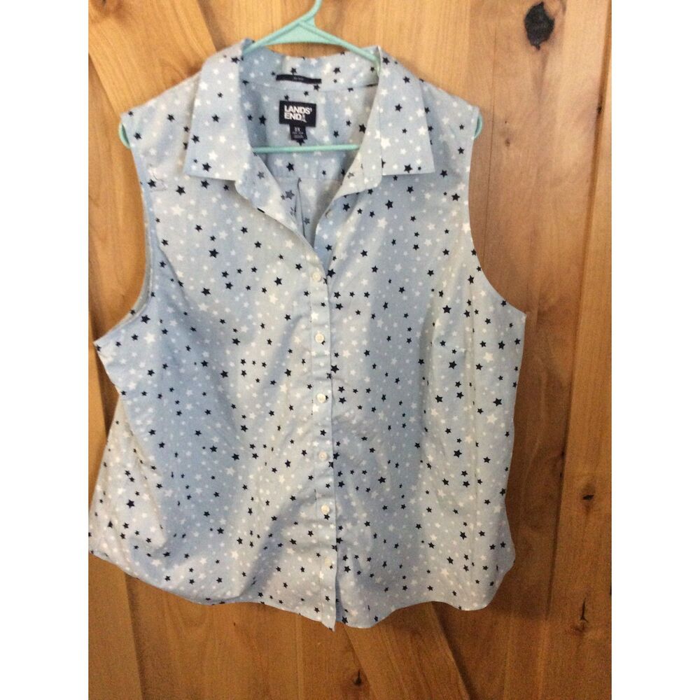 Lands' End 2X Sleeveless Star Print Collar button up shirt 20W-22W Blue